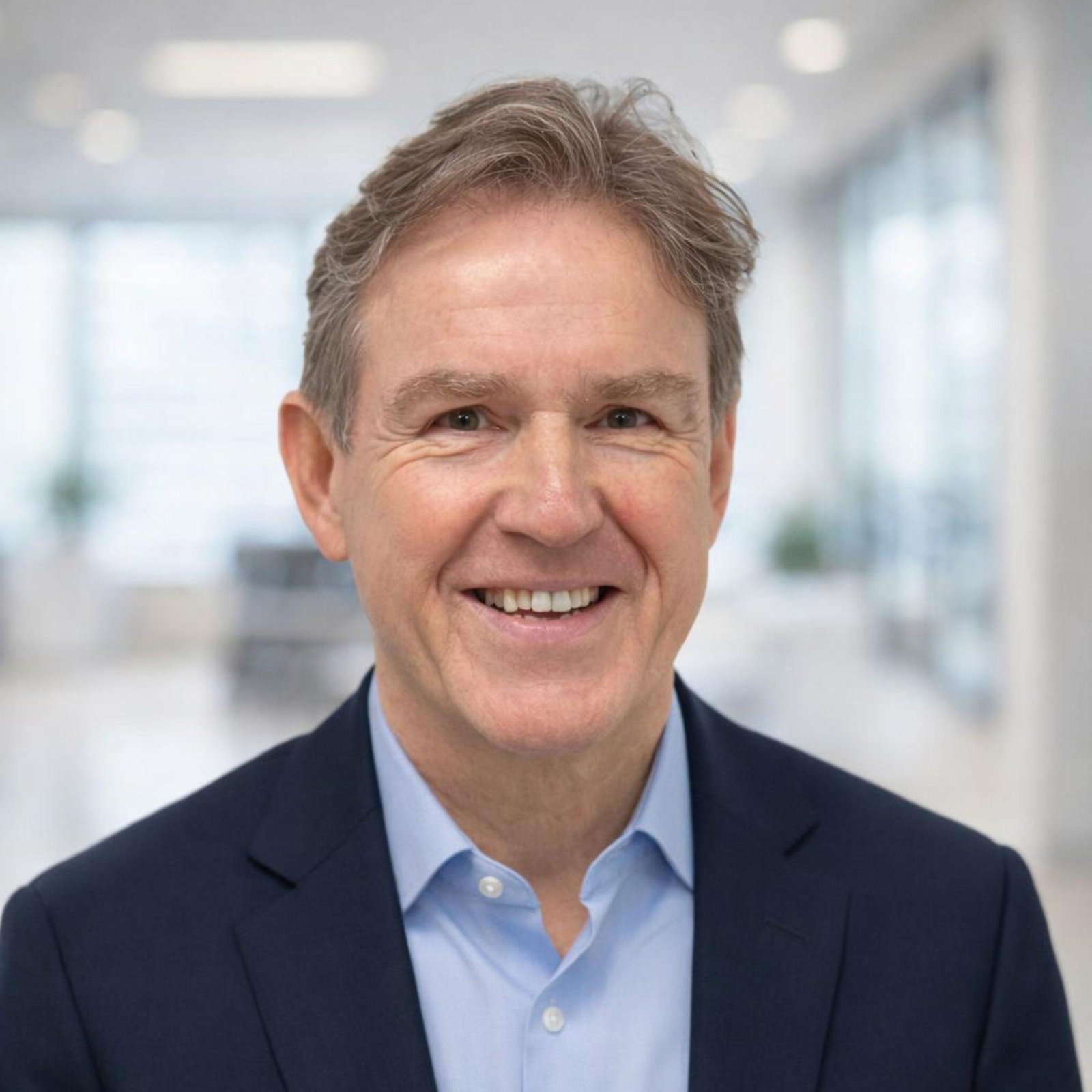 Dave Gibson smiling in a formal suit with a light blue shirt in a professional setting.