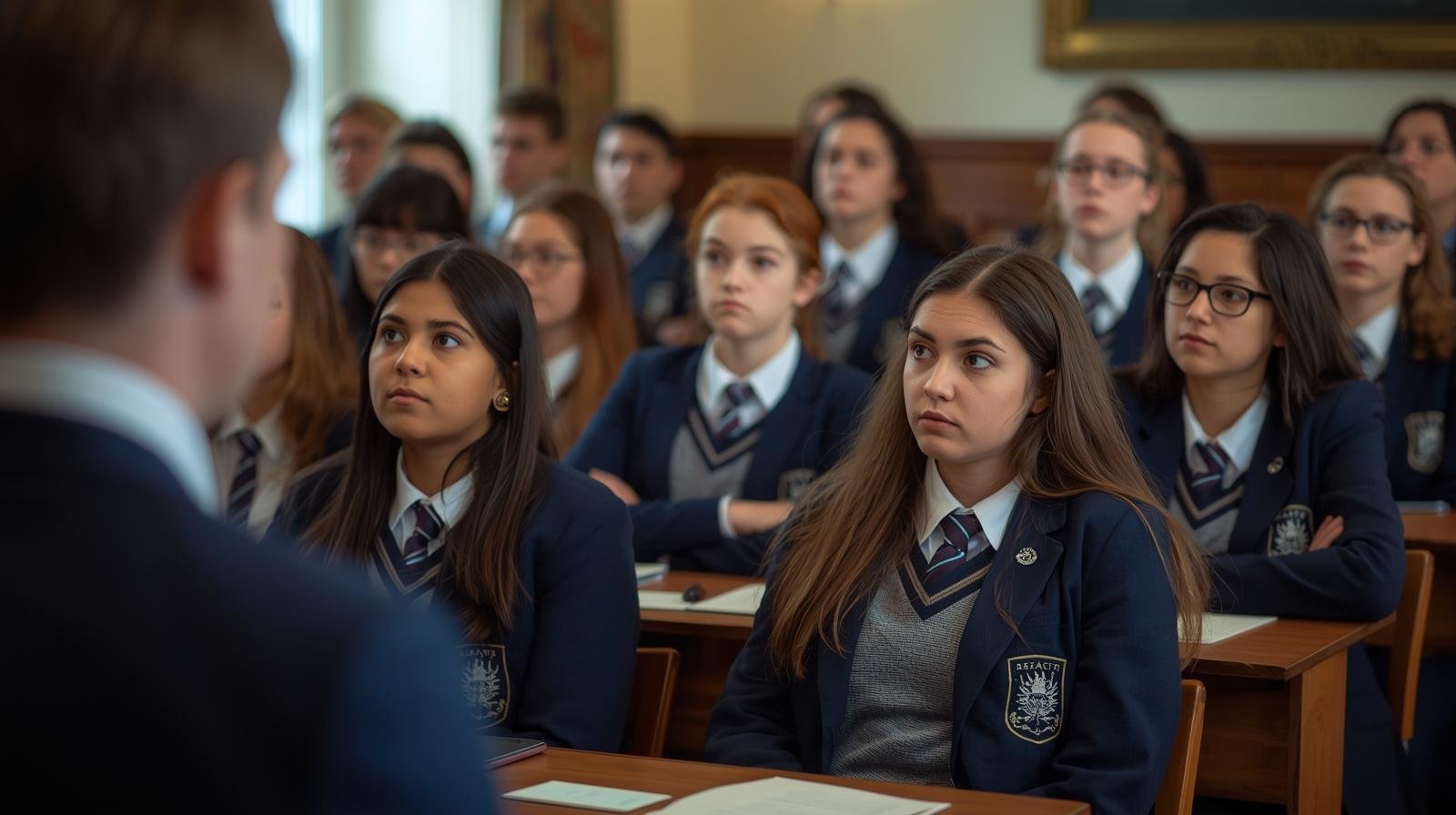Group of students in formal attire attentively listening to an instructor in a classroom setting.