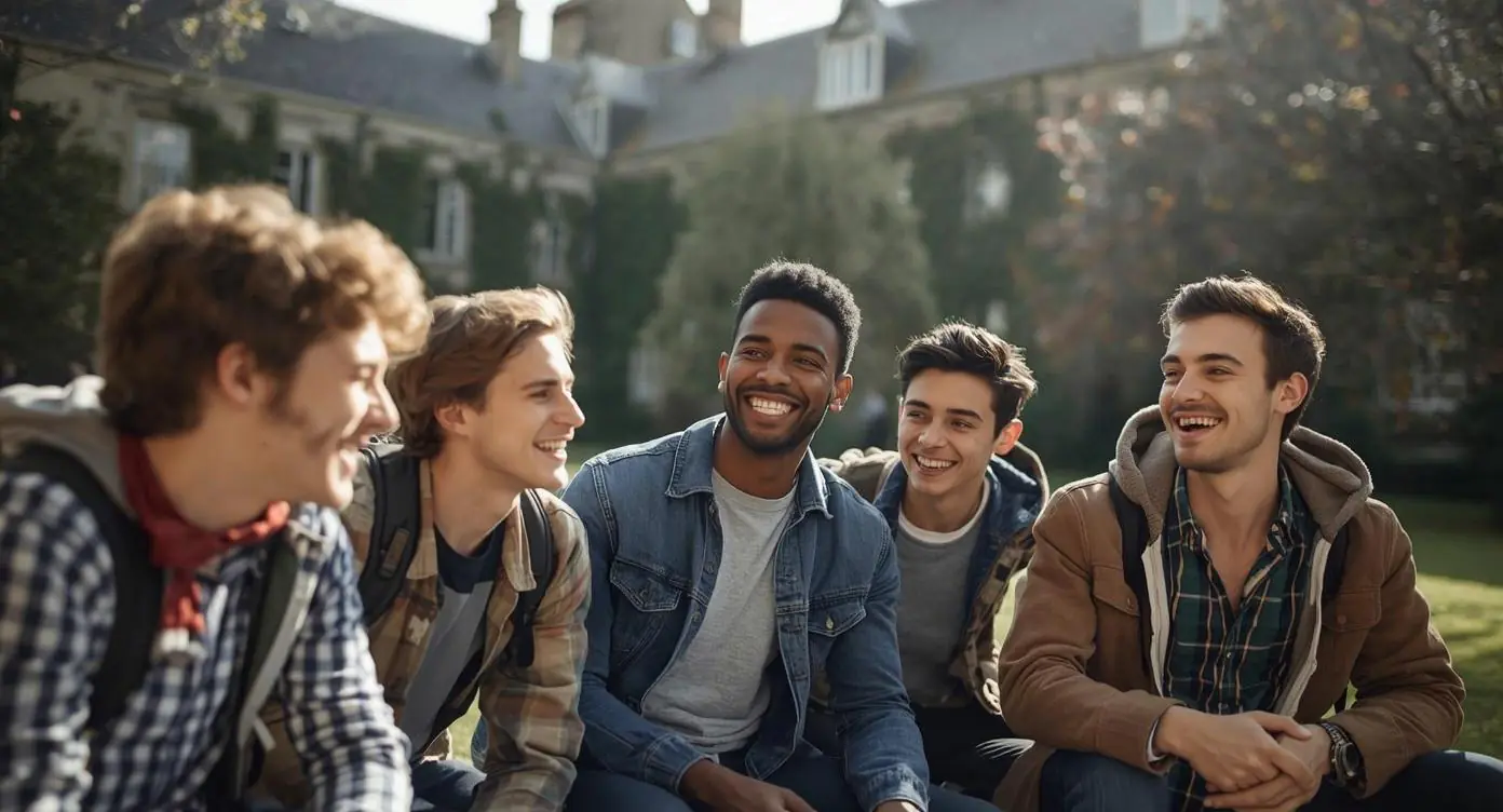 Five diverse students laughing and smiling while sitting outdoors in casual clothing.